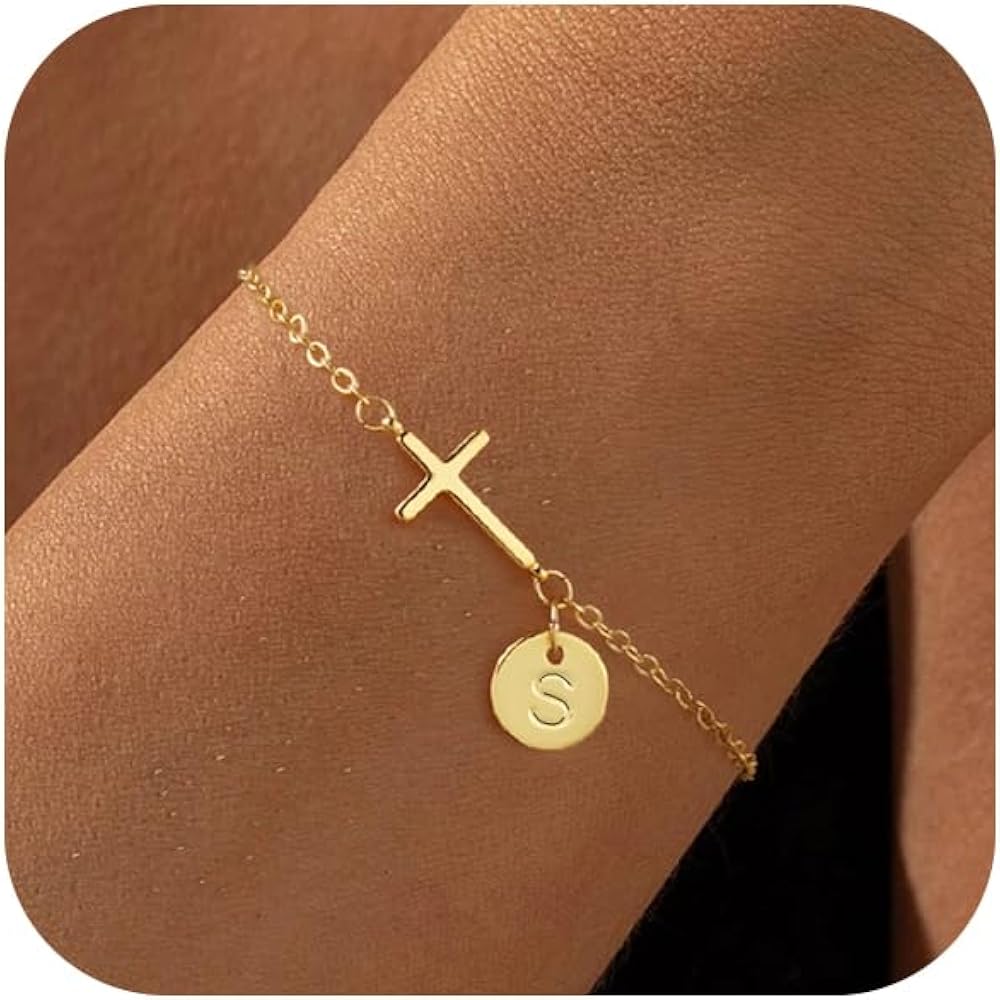 Gold Bracelets for Women 14K Real Gold Plated Cross Initial Charm Bracelet Dainty Cute Trendy Custom Letter Bracelets Waterproof Non Tarnish Simple Fashion Jewelry Gifts for Teen Girls