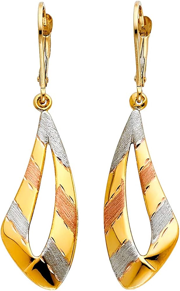 14K Tri Color Gold Hanging Earrings For Women Teen Girls Cute Dainty Dangling For Sensitive Ears