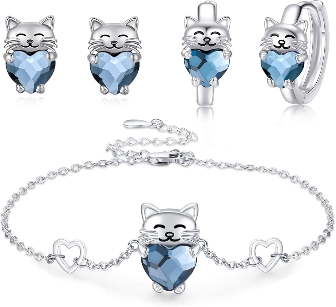 Cat Earrings/Cat Bracelet S925 Sterling Silver Cute Animal Kitten Hoop Earrings Jewelry Set Cat Gifts for Women Girls