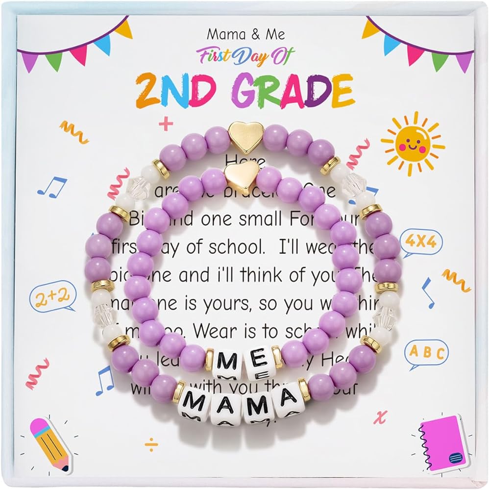 First Day of School Bracelet, Back to School 2nd Grade Mama and Me Bracelet, First Day of School 2nd Grade Bracelet, First Day of School Matching Heart Wish Adjustable Bracelets for Girls Gift