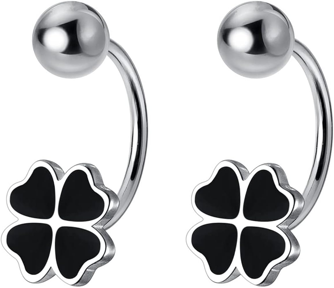 20G Four Leaf Clover Half Hoop Earrings 925 Sterling Silver Cartilage Screw Back Ball Tiny Studs Black Enamel Love Heart Flower Dangle Drop Helix Earring Cute Lucky Jewelry for Women Teen Girls Gifts Hypoallergenic