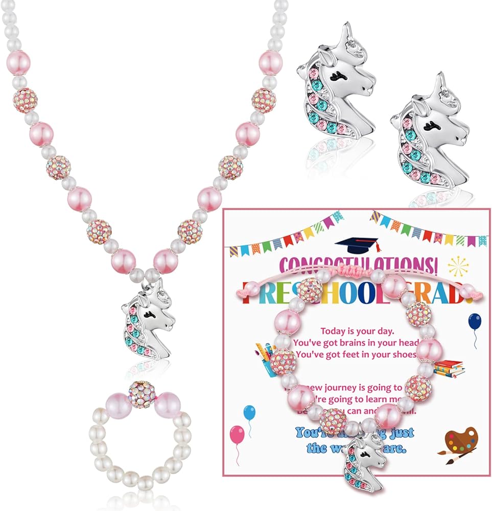 6 Pcs Preschool Kindergarten Graduation Gifts for Girls Kids Unicorn Necklace Stretchy Bracelet Jewelry Set with Graduation Hat Box and Greeting Card