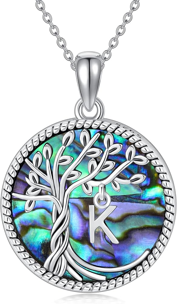 Christmas Gifts for Women Sterling Silver Tree of Life Letter A to Z Initial Pendant Necklace with Abalone Shell for Women Her Birthday Valentine Mother Christmas Gifts for Teen Grils