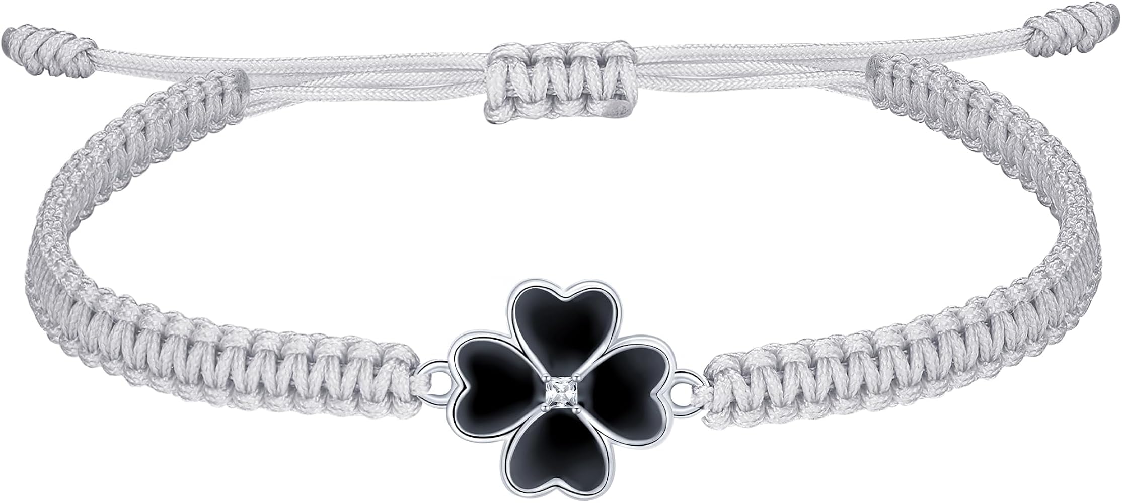 J.Endéar Lucky Clover Bracelet for Women Girls Sterling Silver 925 Cloverleaf Jewelry, Handmade Braided Cord Bracelet Adjustable Four Leaf Lucky Gift