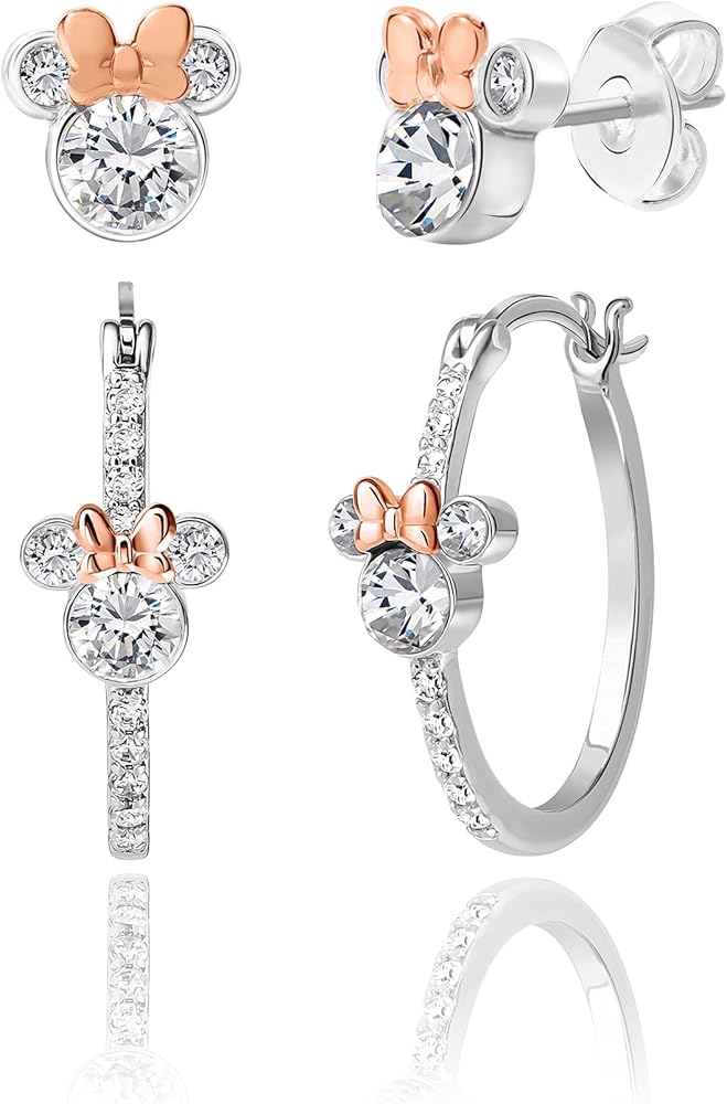 Disney Minnie Mouse Mommy & Me Silver Plated Cubic Zirconia and Crystal Hoops and Stud Earrings Set - Mother Daughter Jewelry - Disney Earrings