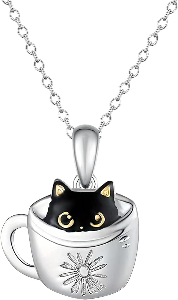 Lovely Black Cat Necklace for Girls,Girls Cup Cat Pendant Necklaces,For Girl Jewelry Gift For Girls Daughter Granddaughter Niece Christmas Gift Girl Birthday Gift over 3 years old.