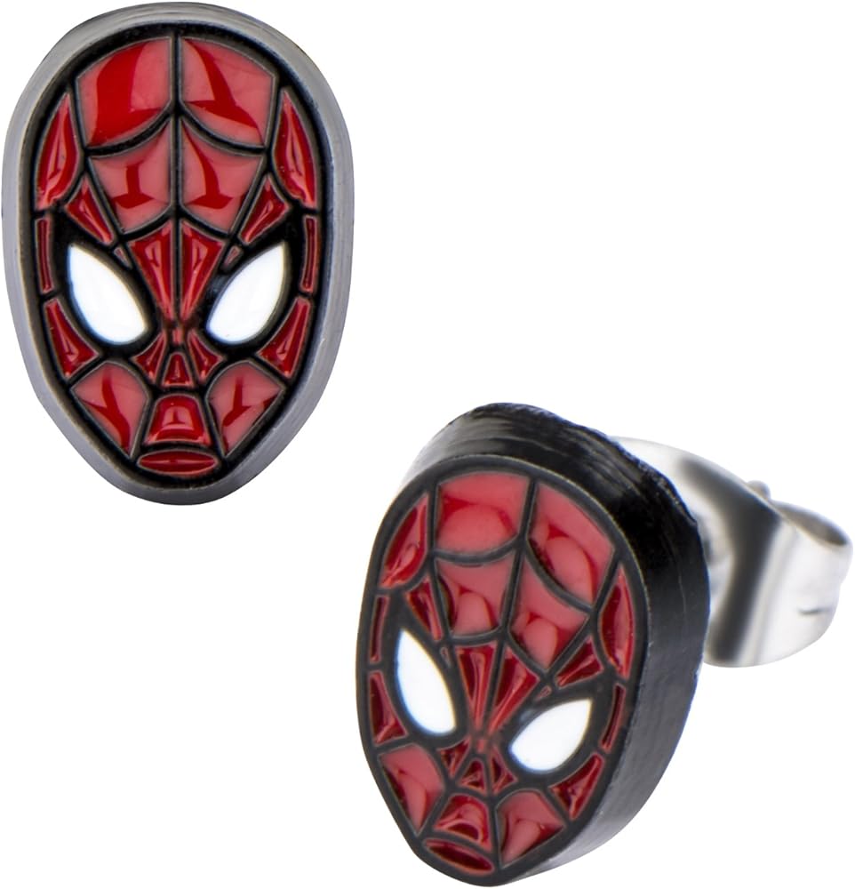 Officially Licensed Hypoallergenic Marvel Comics Girls Spider Man Base Metal Face Stud Earrings, Red, One Size