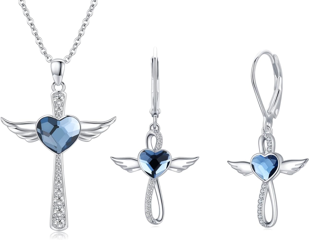 Midir&Etain Angel Wings Cross Necklace/Earrings for Women Girls 925 Sterling Silver Blue Heart Crystal Guardian Angel Necklace Cross Pendant Amulet Jewelry Gifts