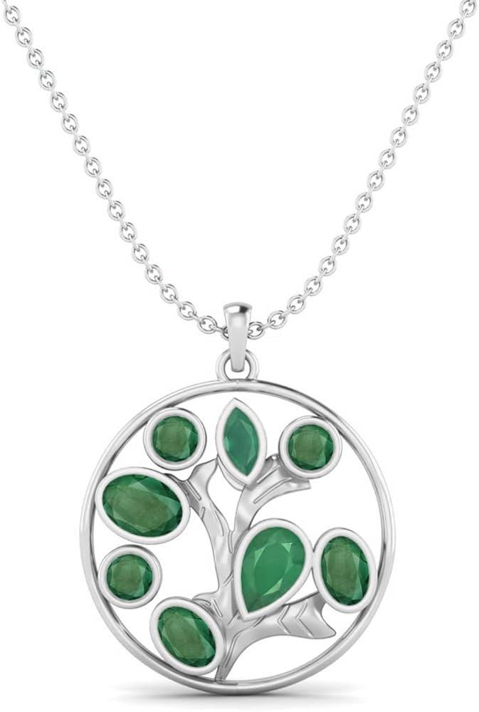 MOONEYE 4.05 Cts Round Shape Emerald Gemstone Life Tree Pendant Necklace Dainty Chain 925 Sterling Silver Celtic Design Jewelry