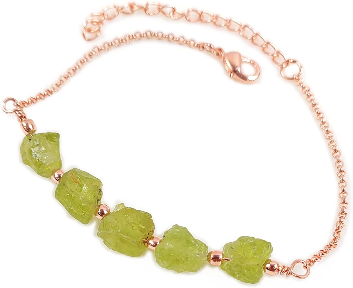 Natural Raw Peridot Bracelet, Raw Gemstone Copper Jewelry, Raw Crystal Jewelry, Custom Birthstone Bracelet, Peridot Jewelry, Dainty Bracelet By CHARMSANDSPELLS Green,Rose Gold