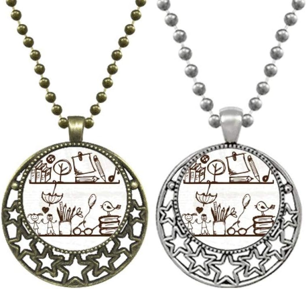 Children Cute Illustration Bookshelf College Lovers Necklaces Pendant Retro Moon Stars Jewelry