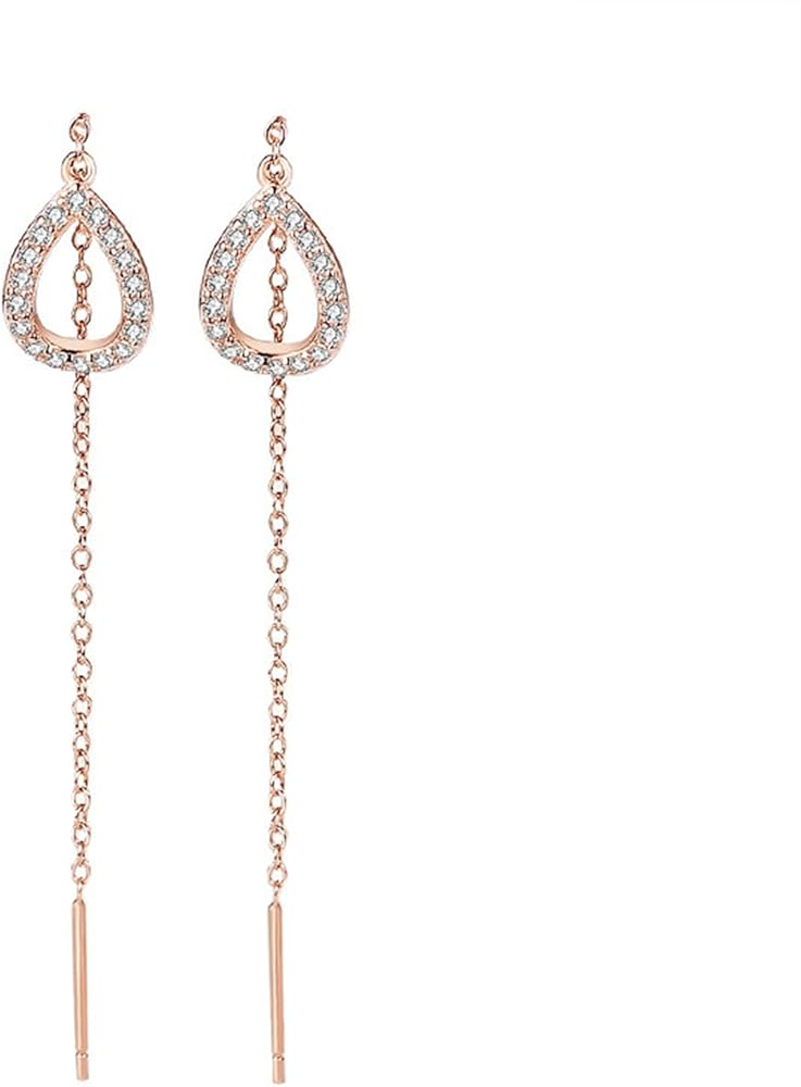 Long Teardrop Tassel Threader Earrings for Women Teen Girls Charm Hollow Crystal Cubic Zirconia Droplet Waterdrop Tassel Link 925 Sterling Silver Post Hypoallergenic Ear Line Earrings Chain for Fashion Jewelry Gifts