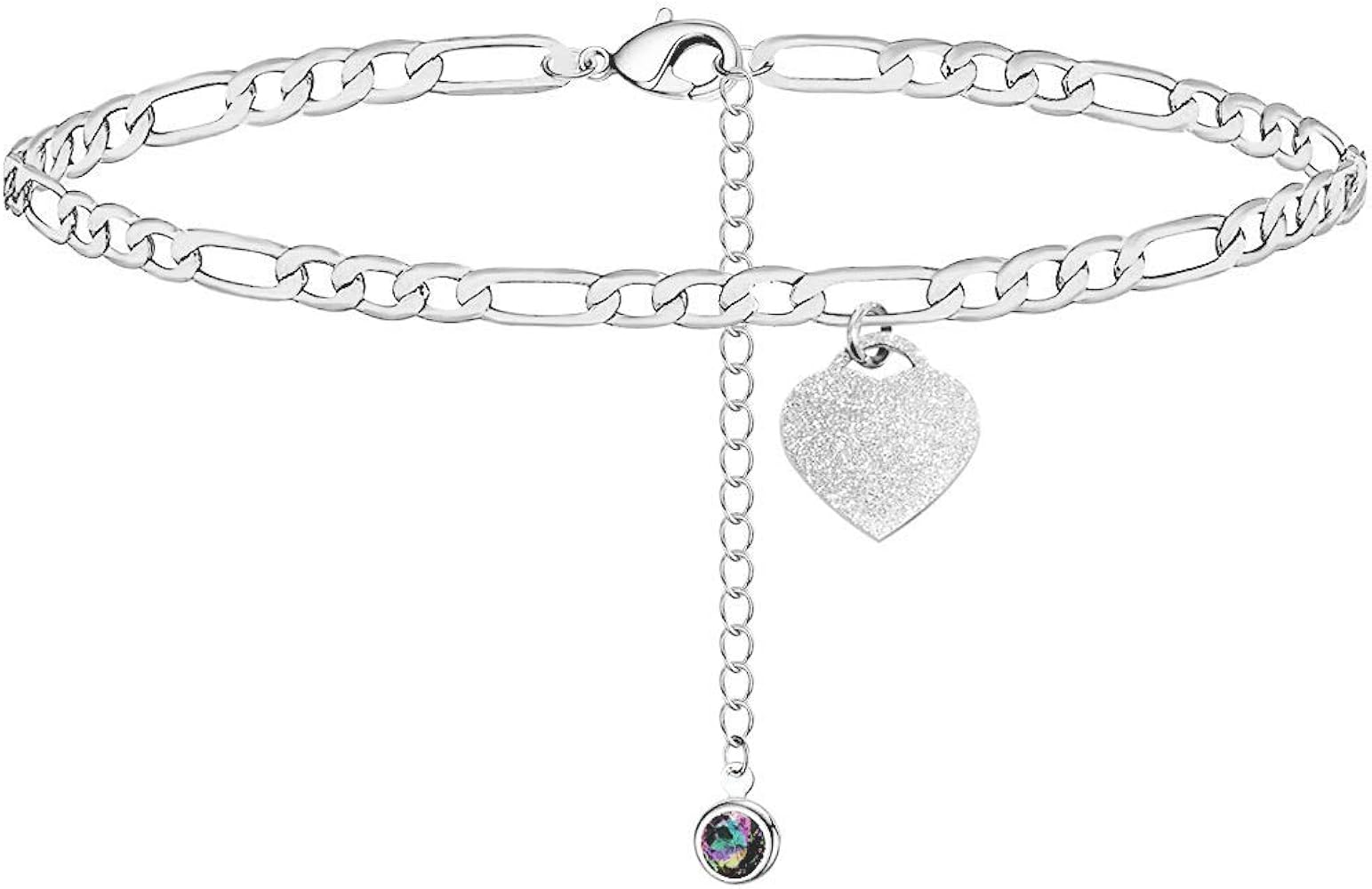 Heart Ankle Bracelets for Women, Silver/14K Gold Plated Anklets, Premium Stainless Steel Foot Anklet, Adjustable Figaro Chain Anklets with Cubic Zirconia and Heart Charm for Teen Girls