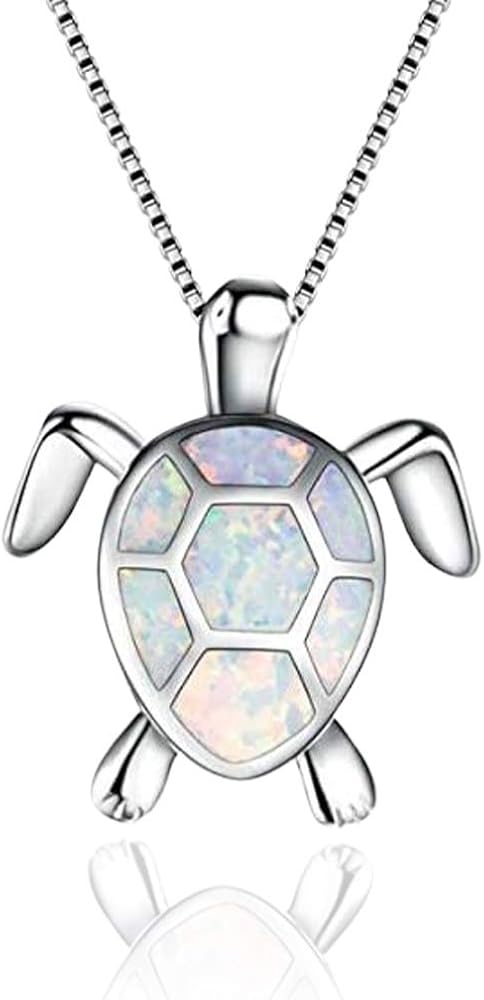 Cute Turtle Pendant Necklace Lovely Animals White Fire Opal Plated Silver Necklace Jewellery Gifts