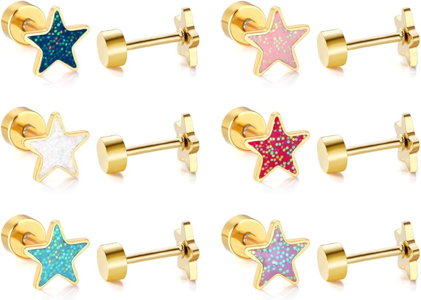 18G Glitter Star Colorful Screw Flat Back Small Stud Earrings for Women Teen Girls Surgical Steel Pink Green Red Purple Enamel Cartilage Tragus Piercing Little Studs Hypoallergenic Gift 6 Pairs Set