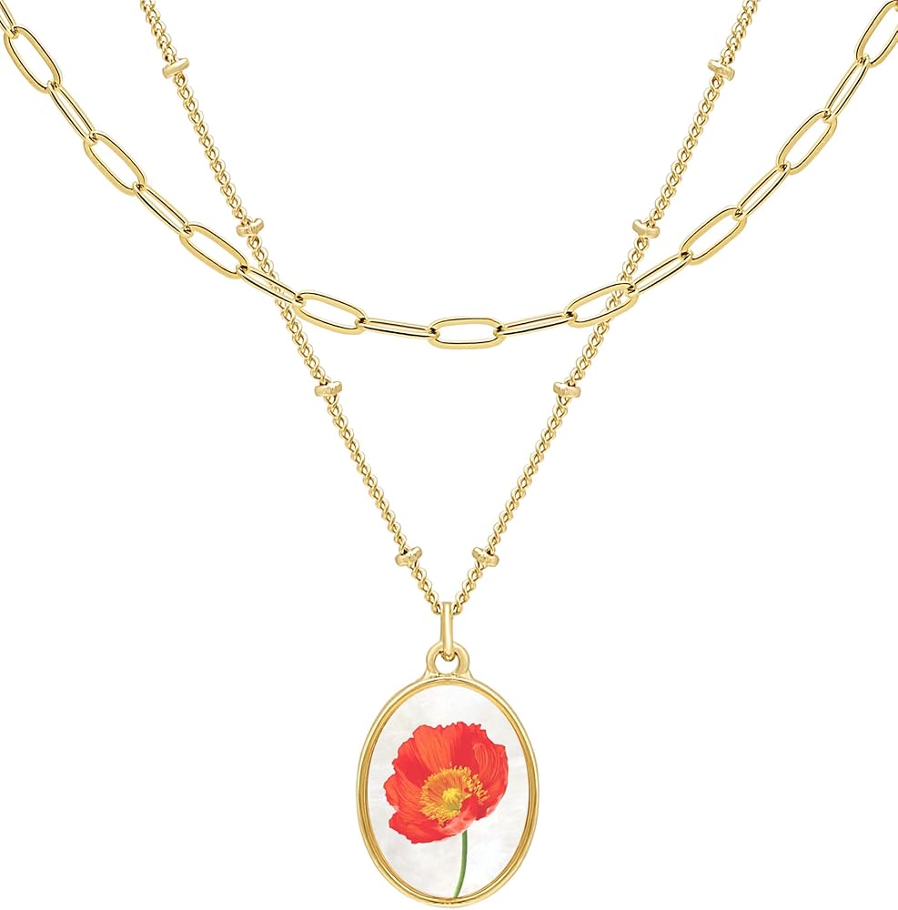 BONALUNA Birth Flower 14K Gold Necklace - 2 Layered & Seperate Chains with Dainty White Shell Pendant, Featuring Birth Month Real Flower Motif, Perfect Jewelry for Birthday Gifts