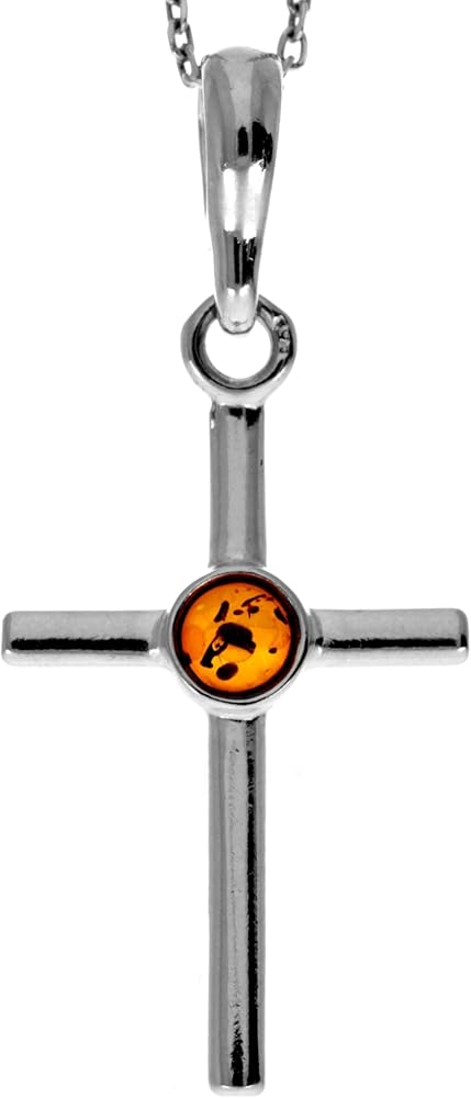 UK - 925 Sterling Silver & Genuine Baltic Amber Classic Cross Pendant - 1987V