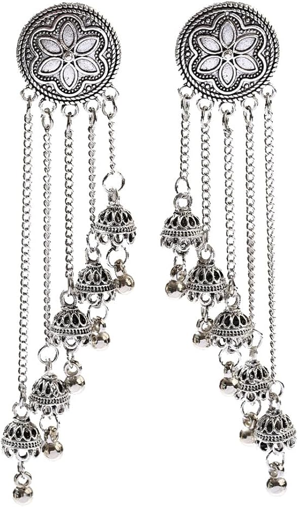 Indian Oxidized Jewelry Boho Vintage Layered Jhumka Jhumki Tassel Dangle Statement Earrings for Women Girls Fashion Long Tassel Bell Drop Earring Bollywood Traditional Ethnic Gypsy Style Bohemian Earring