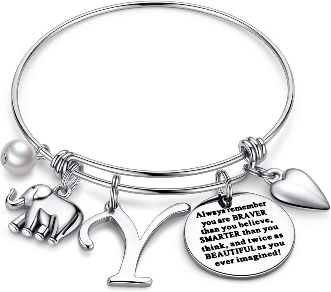 M MOOHAM Initial Charm Bracelet Elephant Llama Pineapple Horse Gifts for Women Girls, Engraved Quote Charm Bracelet Jewelry Gifts