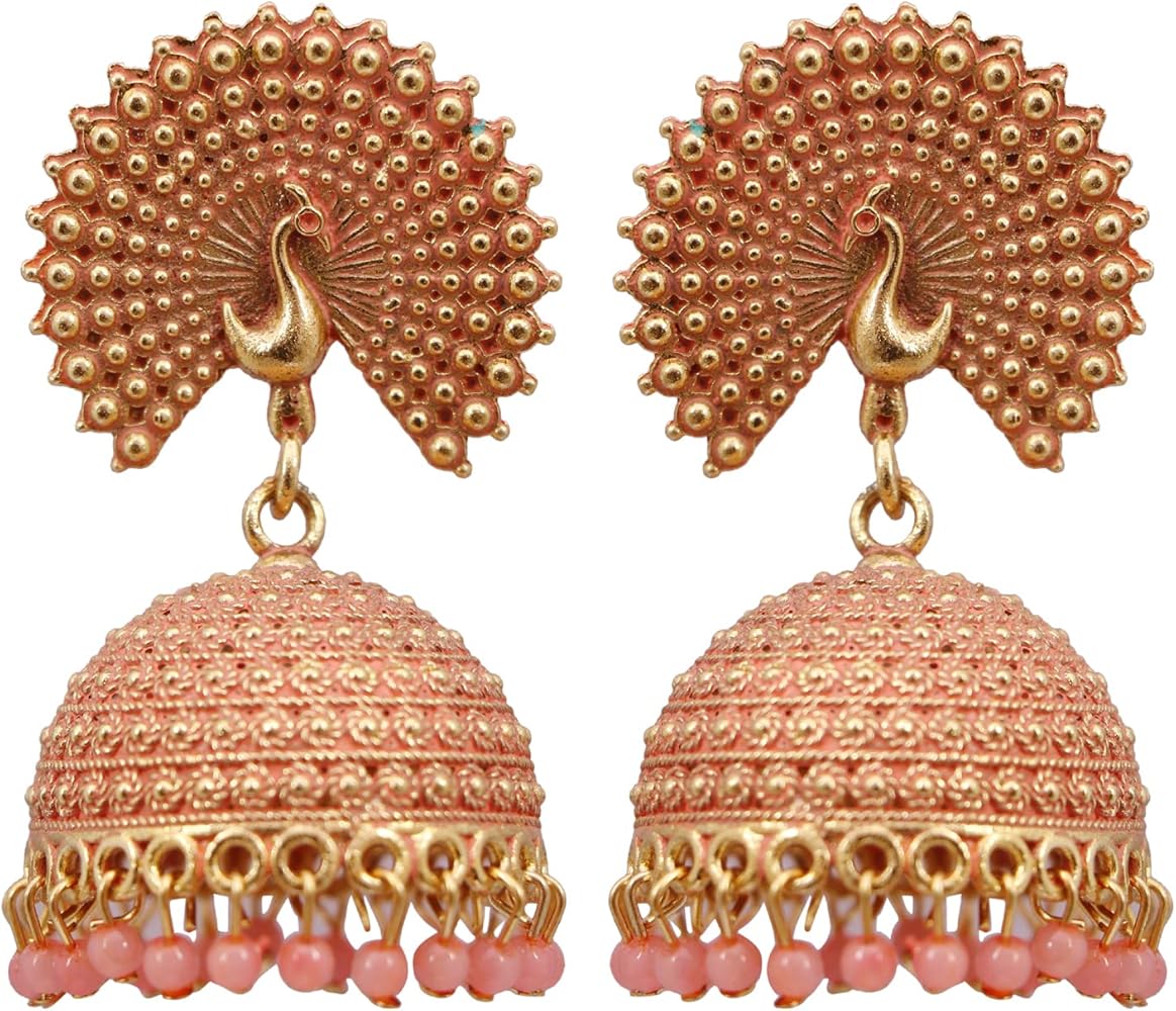 Crunchy Fashion Bollywood Jewellery Traditional Ethnic Bridal Bride Wedding Bridesmaid Traditional Golden Oeach Pearl Peacock Kundan Earrings