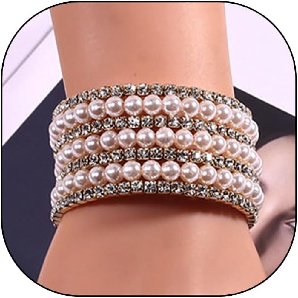 Pearl Cubic Zirconia Bracelet for Women Teen Girls,Charming Stretch Multi Layered Rhinestone Bangle,Aesthetic Wedding Jewelry Gift