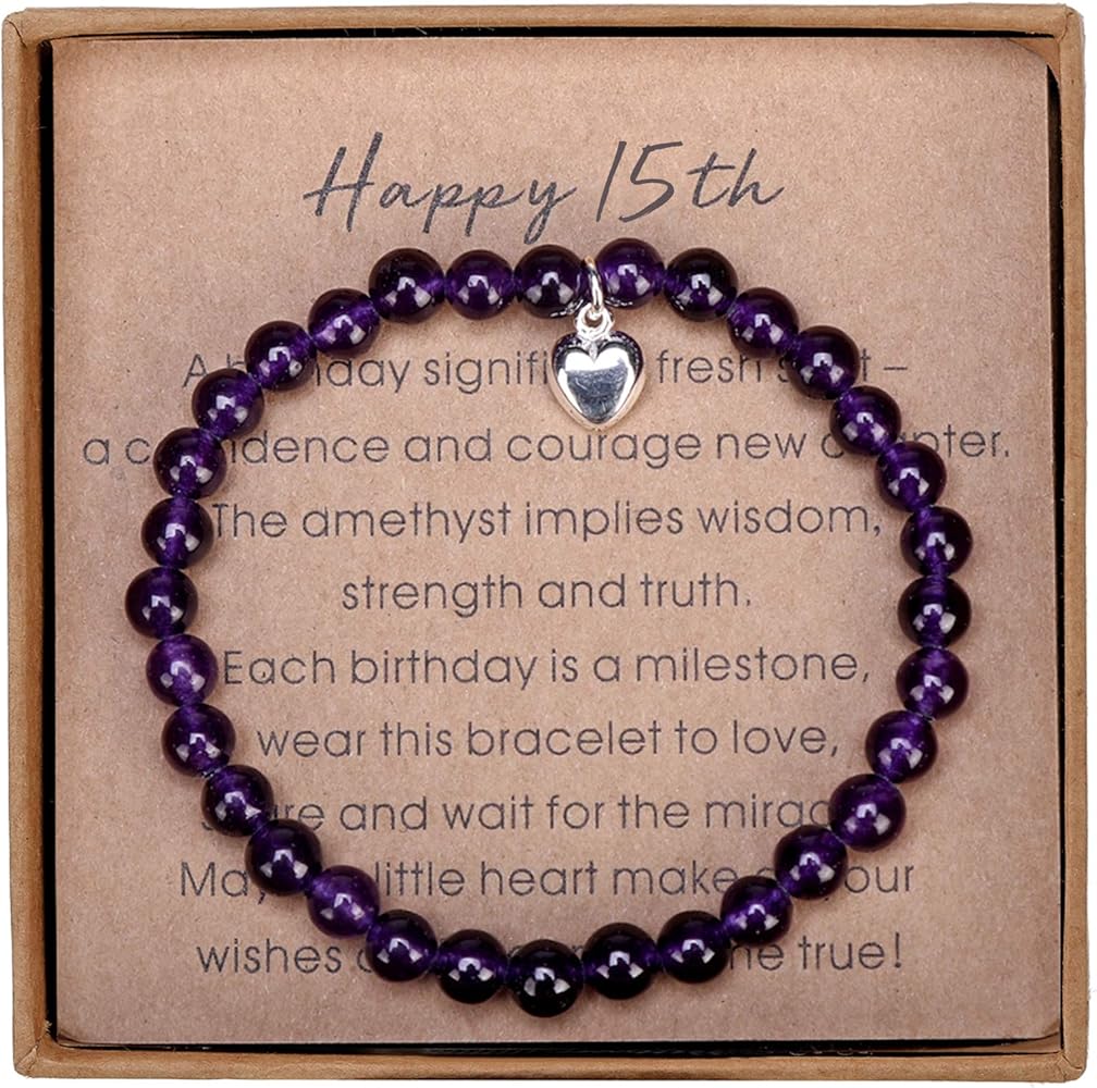 15 Year Old Girl Gifts for Birthday Amethyst Bead Bracelet with Sterling Silver Heart Charm 15th Birthday Gifts for Teen Girls with Card and Gift Box