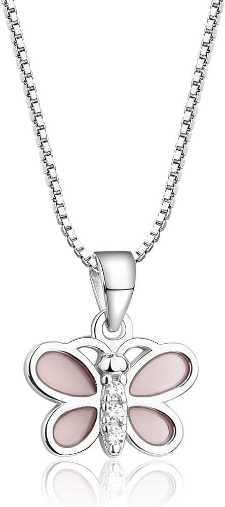 Children's Sterling Silver Pink Butterfly with Sparkling CZs Necklace for Little Girls, Kids, and Toddlers, 14"