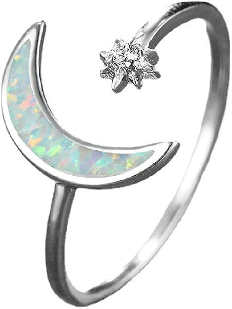 Opal Crescent Moon Open Stacking Rings Sterling Silver 925 Adjustable Crystal Cubic Zirconia Statement Promise Eterntiy Ring Fashion Finger Band Dainty Jewelry Gifts for Women Girls BFF