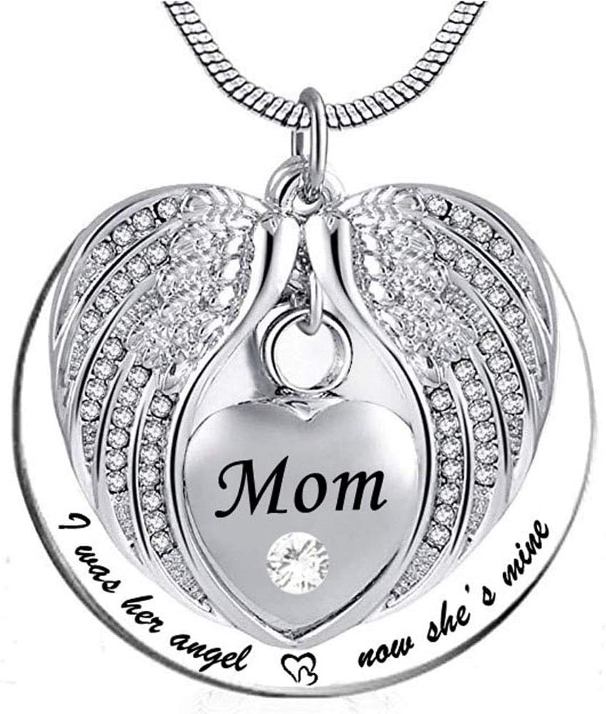 HQ Angel Wing Urn Necklace for Ashes, Heart Cremation Memorial Pendant Necklace Jewelry I Was His/Her Angel Now He's/She's Mine -mom (April)