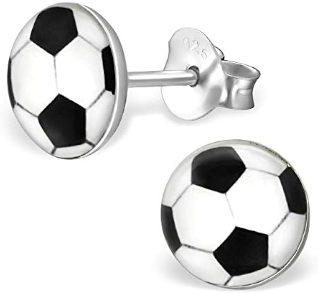 925 Sterling Silver Round Soccer Ball Stud Earrings (Nickel Free)