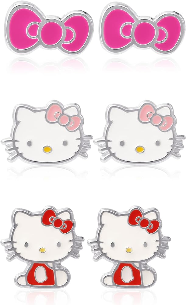 Sanrio Hello Kitty Stud Earrings for Women Official License 2-Pair Pack, Silver Flash-Plated and Crystal Hello Kitty Earrings