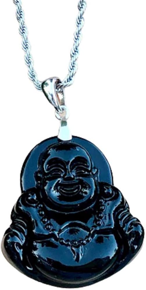 Laughing Buddha Black Jade Pendant Silver Necklace Rope Chain Genuine Certified Grade A Jadeite Jade Hand Crafted, Jade Necklace, 14k Laughing Jade Buddha necklace, Jade Medallion