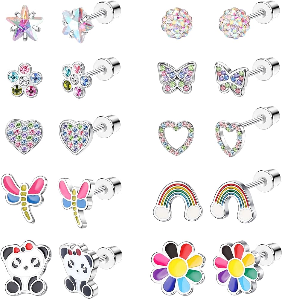 FINREZIO 10 Pairs Hypoallergenic Screw Back Earrings for Women Girls Stainless Steel Colorful Heart Flower Butterfly Rainbow Stud Earrings CZ Screwback Stud Earring Set