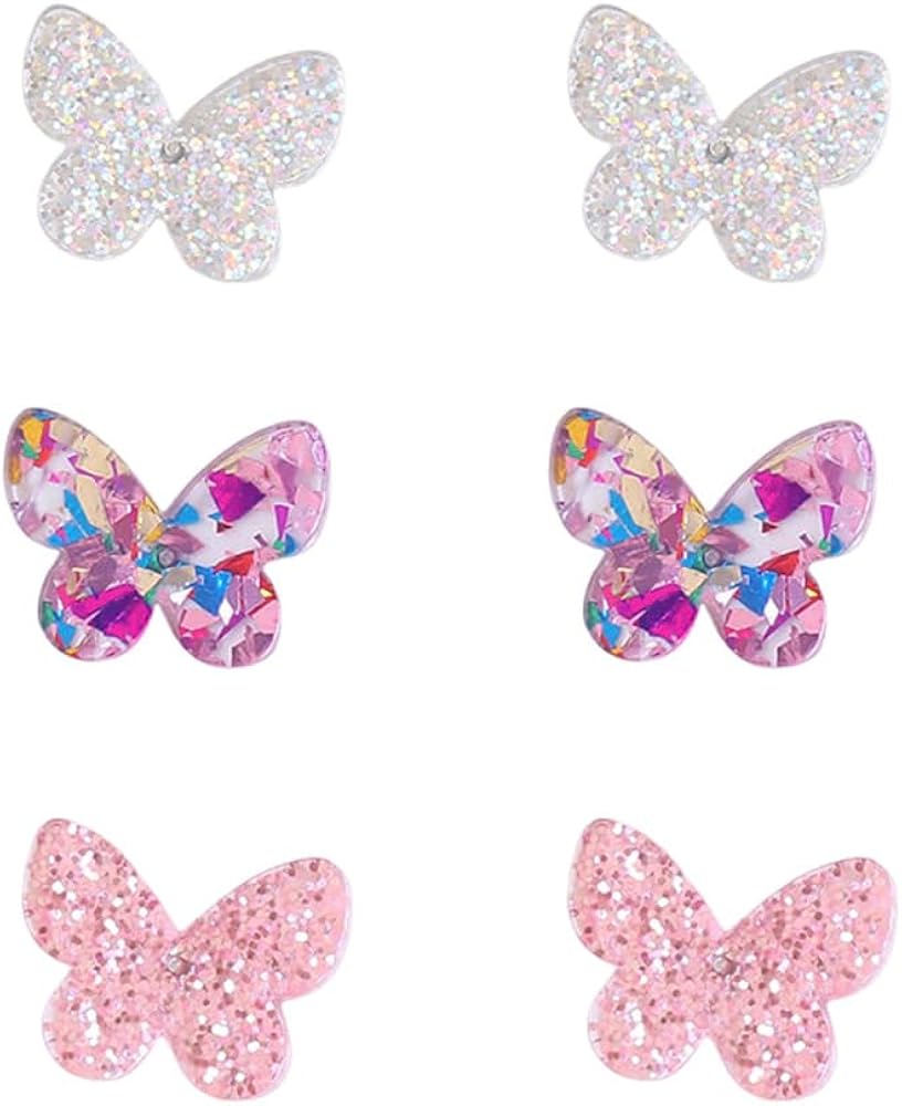 3 Pairs Cute Glitter Butterfly Stud Earrings Set for Women Teen Girls Hypoallergenic Acrylic Pink White Colorful Sequins Insect Cartilage Post Pin Earrings Dainty Birthday Holiday Jewelry Gifts Daughter Niece