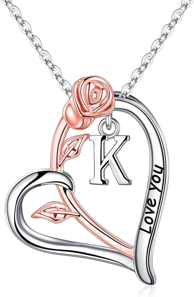 Rose Heart Necklaces for Women, Initial Necklaces for Teen Girls Women Love You Heart Letter Pendant Necklace Jewelry Anniversary Christmas Birthday Gifts for Women I Love You Gifts for Her