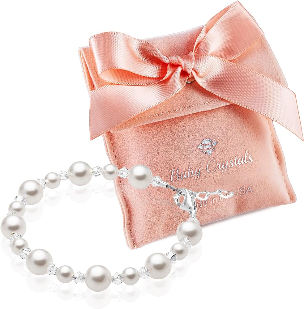 Sterling Silver Charm Bracelets for Girls -Girls Jewelry with High end European White Simulated Pearls and European Crystals – Birthday gifts, Pearl Bracelet for girls