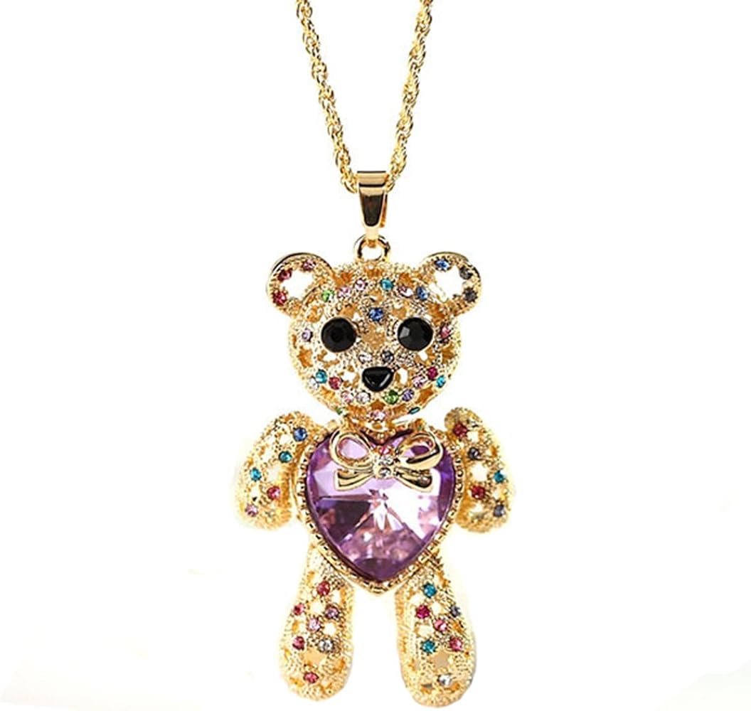 Teddy Bear Necklace Love Heart Crystal Pendant Jewelry for Girlfriend Princess