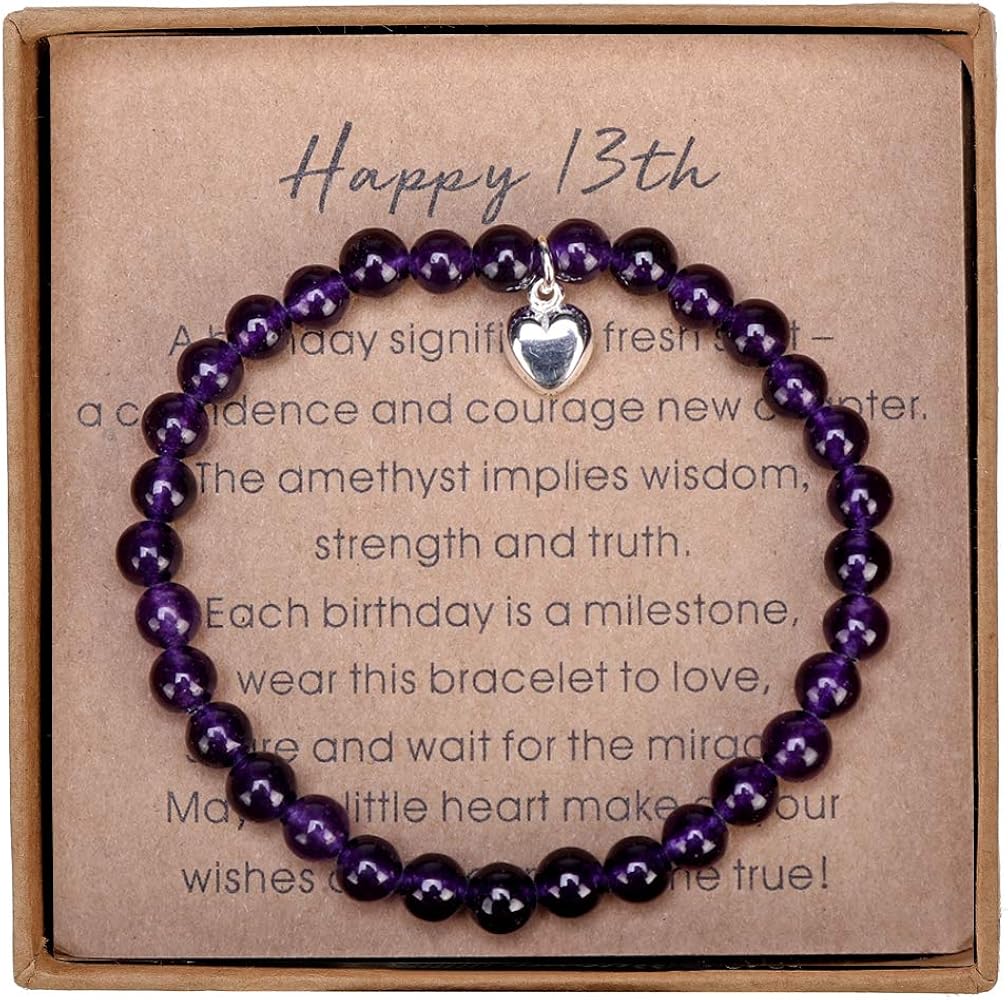 Gifts for 13 Year Old Girl Amethyst Bead Bracelet with Sterling Silver Heart Charm 13th Birthday Gifts for Girls with Card and Gift Box