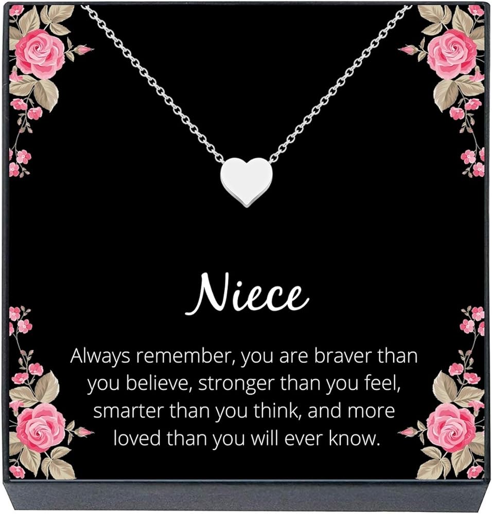 Christmas Gifts for Niece, Small Heart Pendant Necklace Jewelry Gift from Aunt or Uncle ''You Are Braver, Smarter, Stronger, Loved Birthday Gifts for Niece