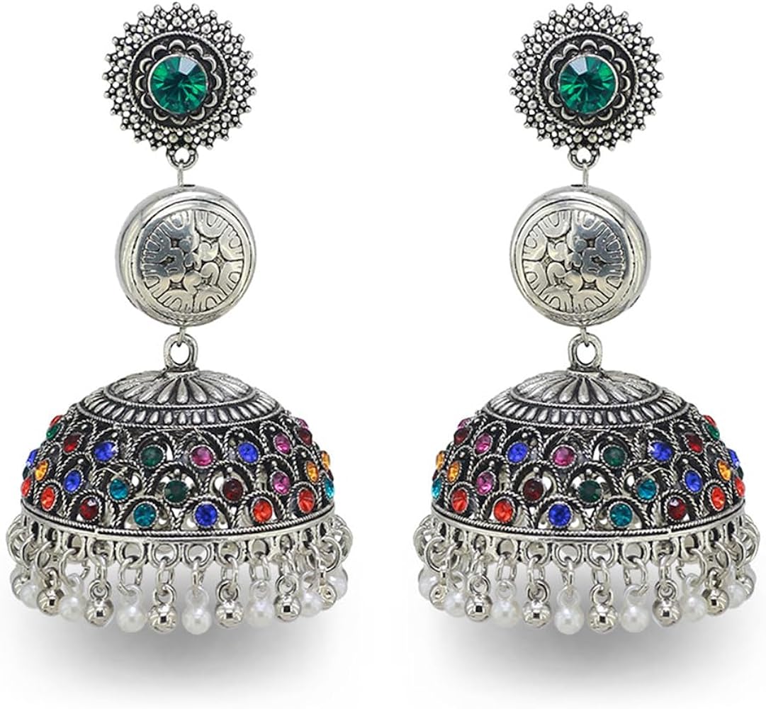 Boho Jhumka Jhumki Drop Dangle Earrings for Women Chandelier Bell Statement Crystal Silver Plated Pendant Earring Mexico Tassel Studs Ethnic Style Bollywood Vintage Party Wedding Jewelry