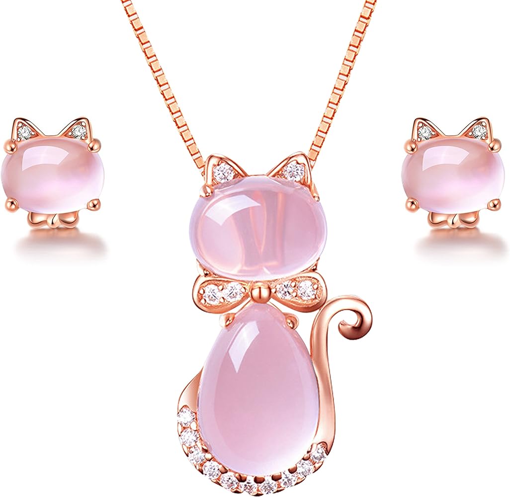 Uloveido Cute Cat Shape Pink CrystaL Studs Earrings and Pendant Necklace for Teen Girls Y404