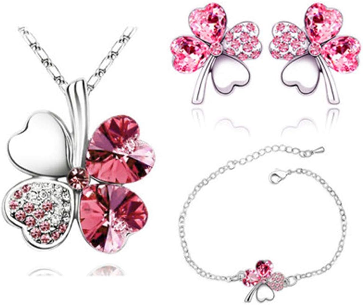 Four Leaf Clover Heart-shaped Crystal Pendant Necklace Bracelet Earrings Jewelry Sets