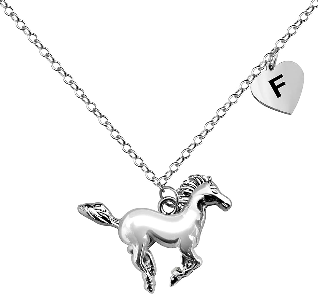 BANCHELLE Horse Necklace Heart Initial Pendant Necklace Silver with Pouch