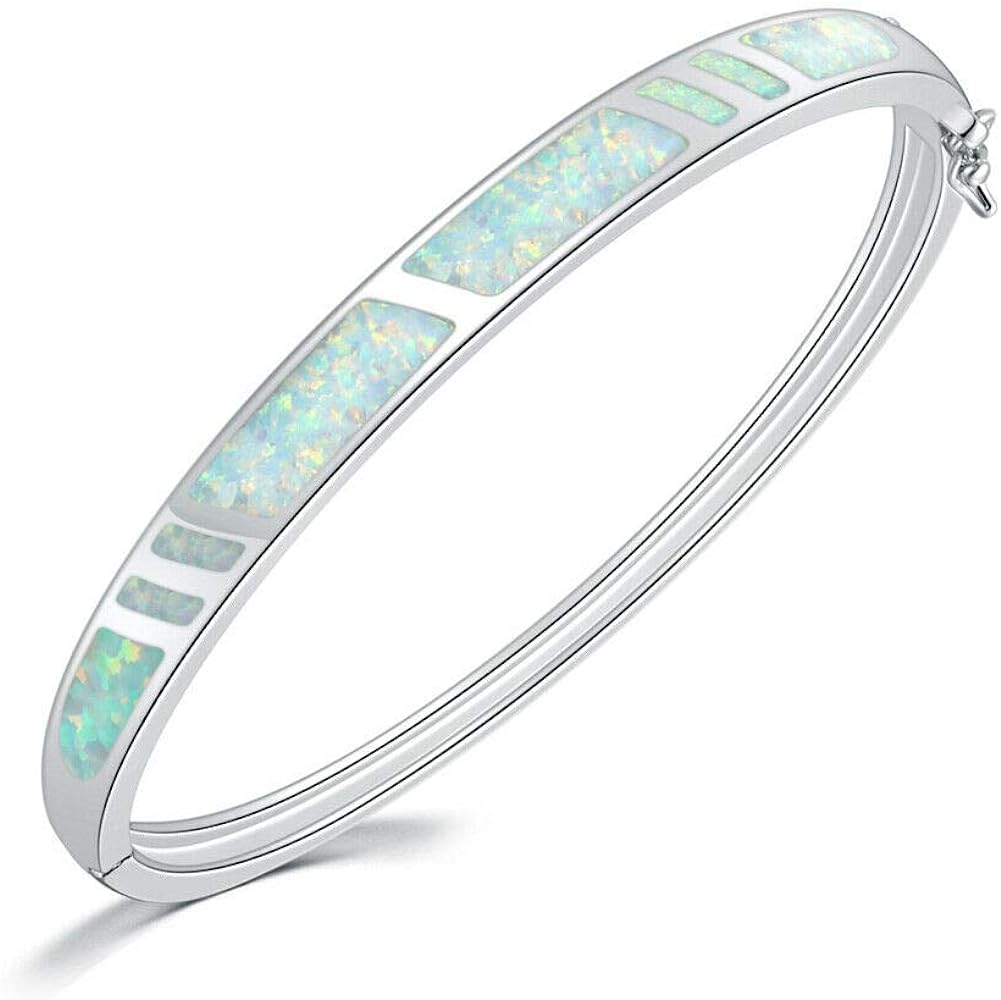 CiNily 14K White Gold Plated Opal Bangle Bracelet for Women Teen Girls,Hypoallergenic Jewelry Gift Gemstone Bangle Bracelet 8.26 inch