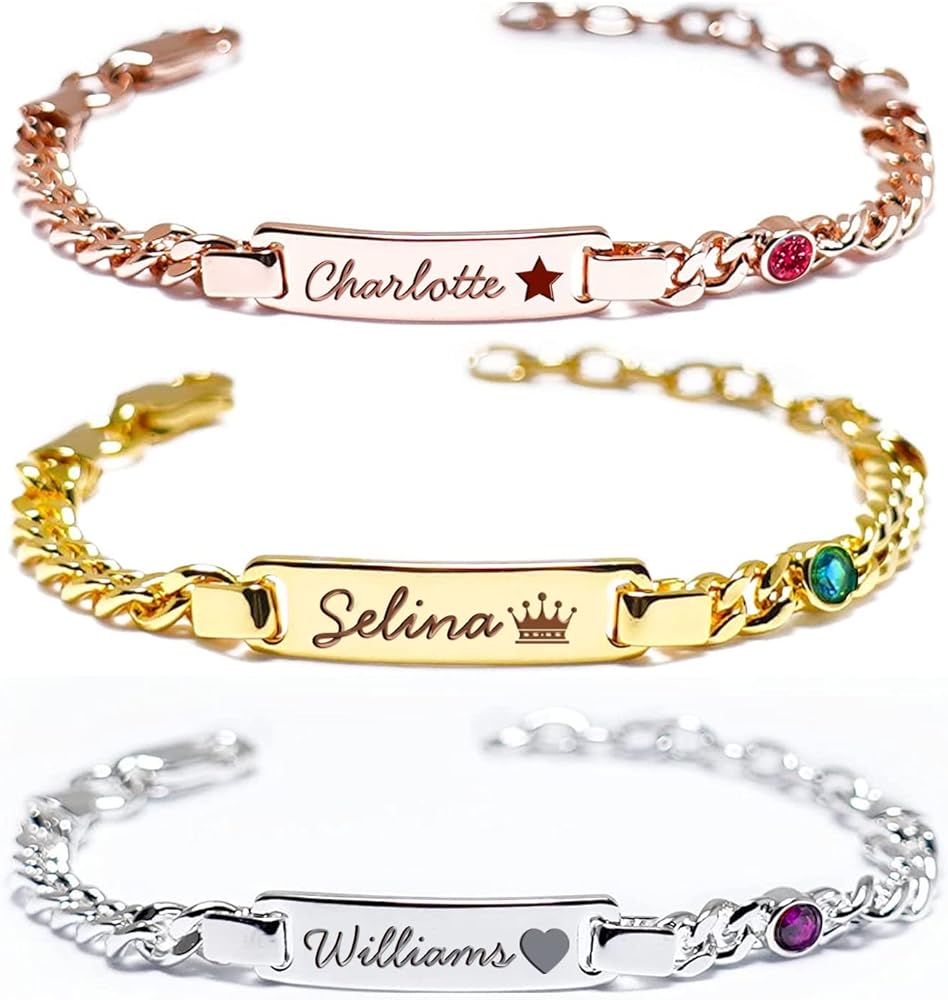 Personalized Baby Birthstone Bracelets for Infant Girls, Custom 18K Gold Plated Name ID Bracelets for Kids, 1st Birthday Girl, Customized Gifts for Newborn Birthday Baptism, Baby Shower