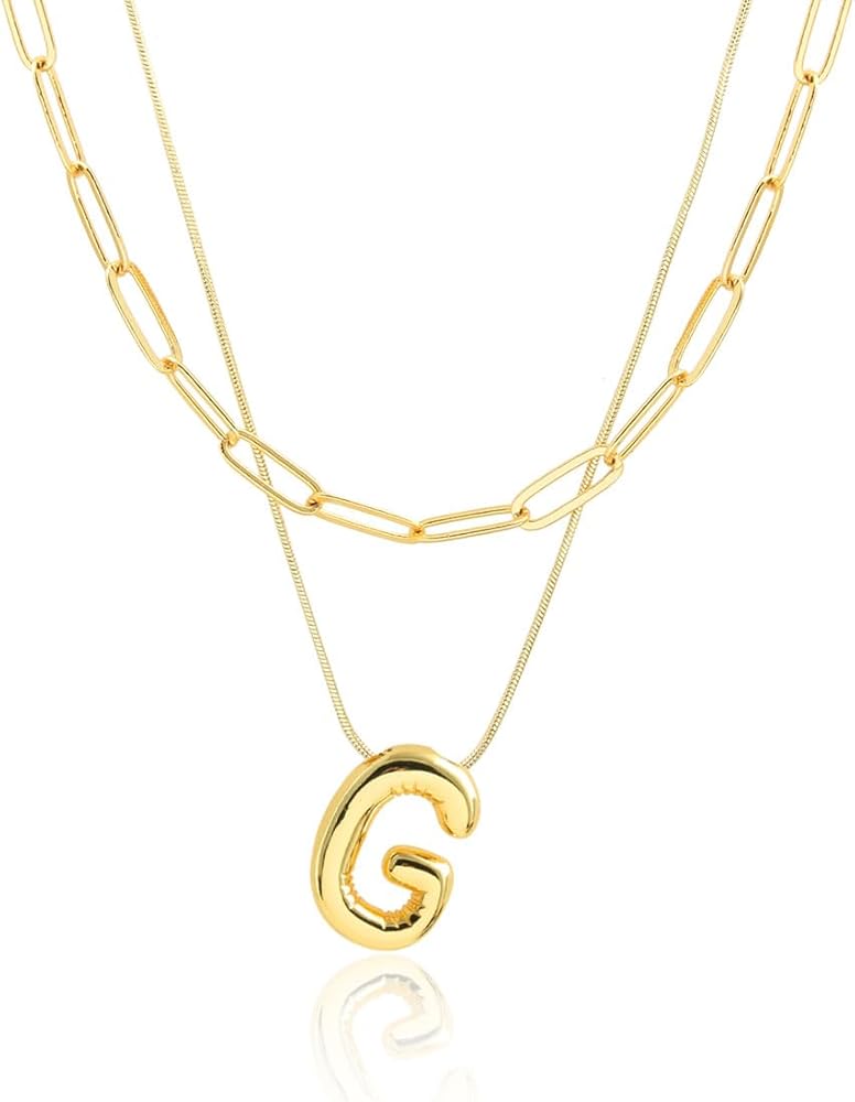 18K Gold Plated Layered Stackable Puffy Initial Pendant Necklace,Cute Bubble Letter Initial Necklace For Women