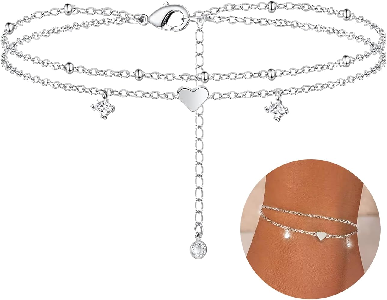 Anklet Bracelets for Women, Layered Heart Ankle Bracelet Silver Plated Cubic Zirconia & Heart Charm Anklets for Women, Summer Foot Jewelry Anklets Set Gifts for Her,Teen Girl, Mom, Wife, Girlfriend