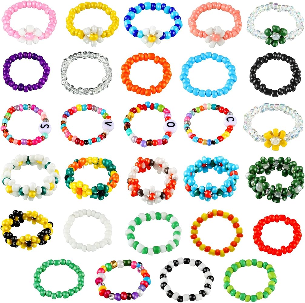 Jadive 29 Pieces Flower Beaded Ring Daisy Flower Bead Rings Set Rice Bead Rings Cute Handmade Vsco Boho Beach Rings Colorful Jewelry Ring Rainbow Colorful Beads Knuckle Ring Set for Girl Women