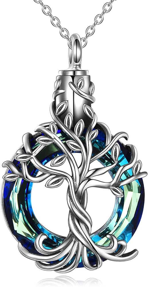 TOUPOP Cremation Jewelry Sterling Silver Tree of Life Urn Necklace for Ashes with Circle Crystal Memorial Keepsake Jewelry w/Funnel Filler Gifts for Women Girls Friends