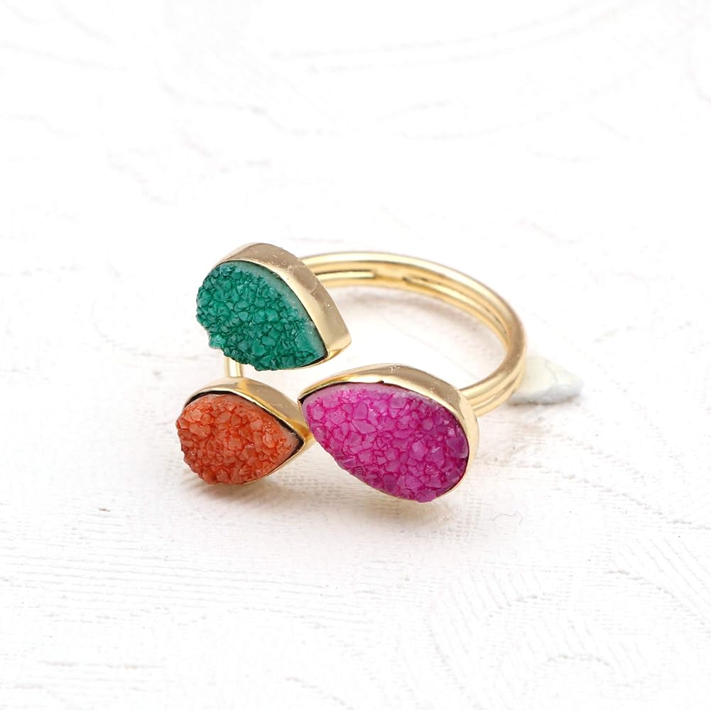 Adjustable Rings Gemstone Design Natural Agate Druzy Gold Plated Pear Shape Handmade Triple Stone Rings Jewelry